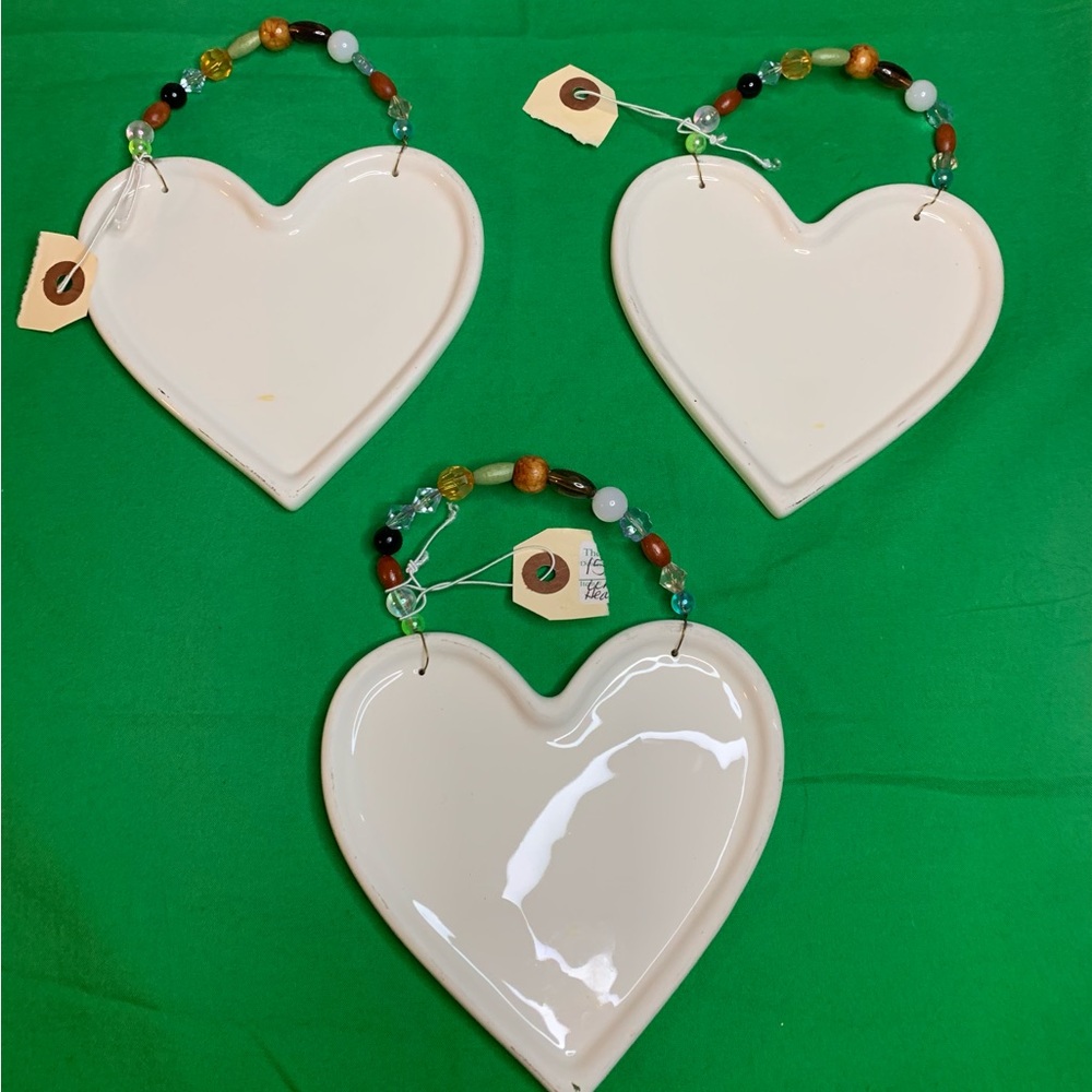 3 White Heart Wall Hangings with Beaded Handles